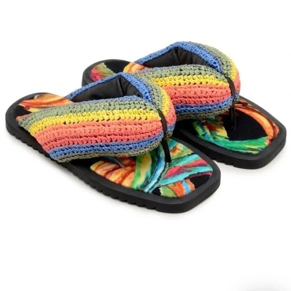 FARM Rio Shoes - 🆕FARM RIO Puffy Crochet Flip Flop Sandal Shoes Black Banana 8